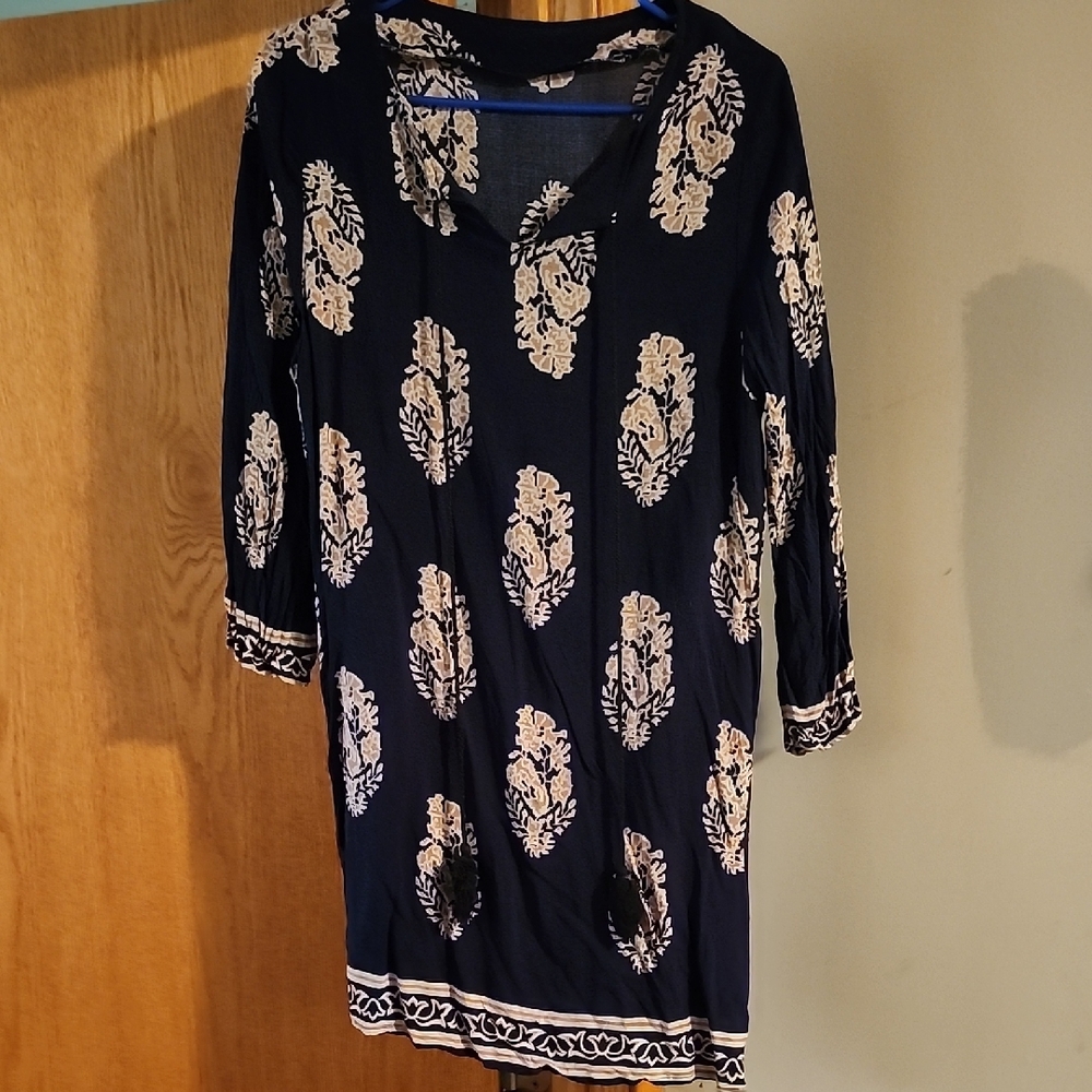Blue and Cream Sheath Dress with Cuffed 3/4 Sleeves